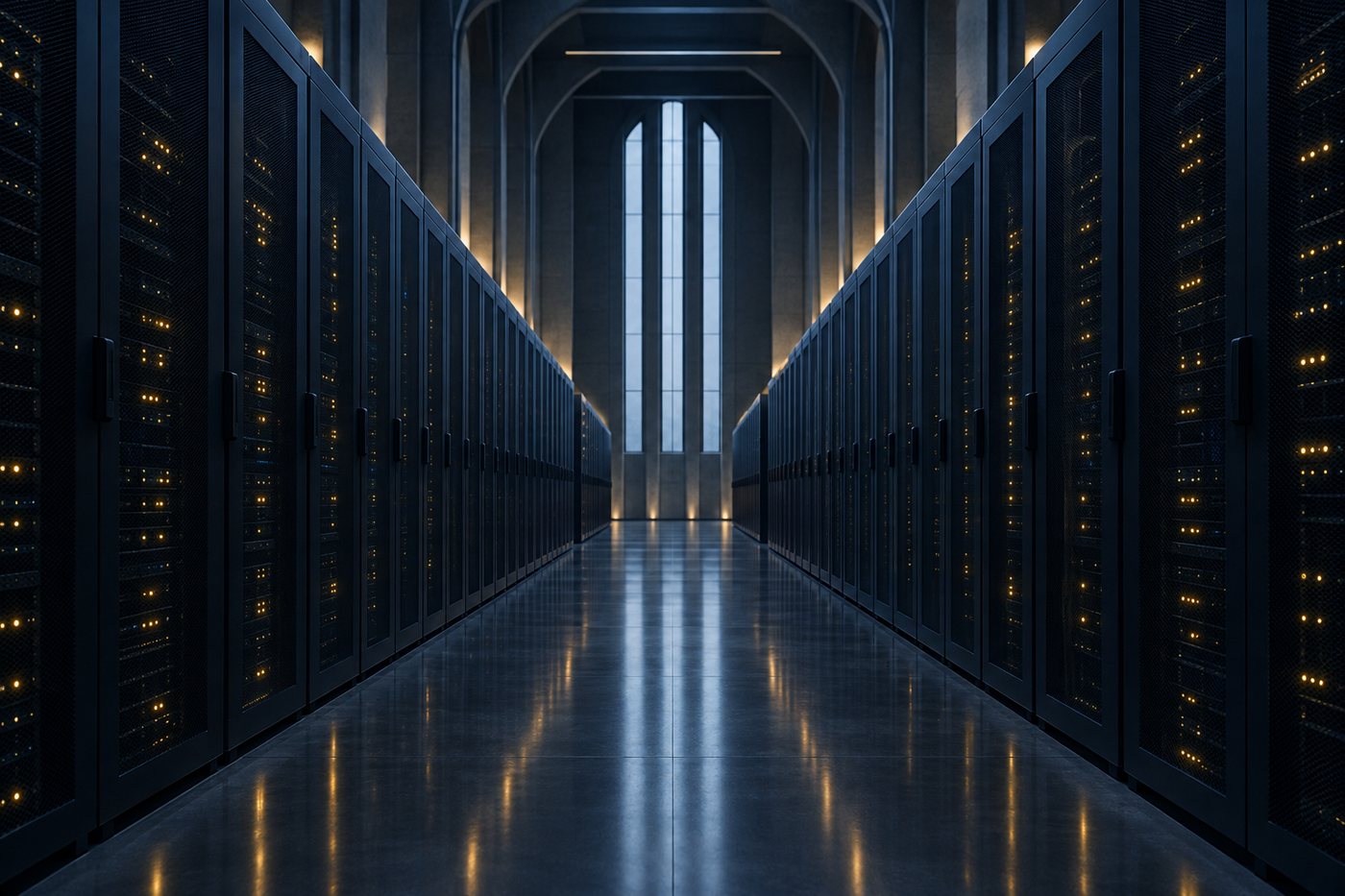 An orderly data centre aisle lit in deep blue